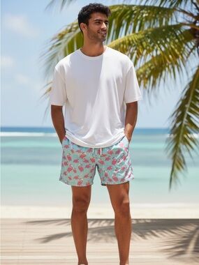 Elysian brand Men’s swim trunks in a blue and pink flamingo print- Size Medium